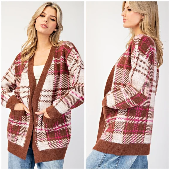ee:some Cozy Chic Brown Plaid Cardigan - Picture 12 of 15